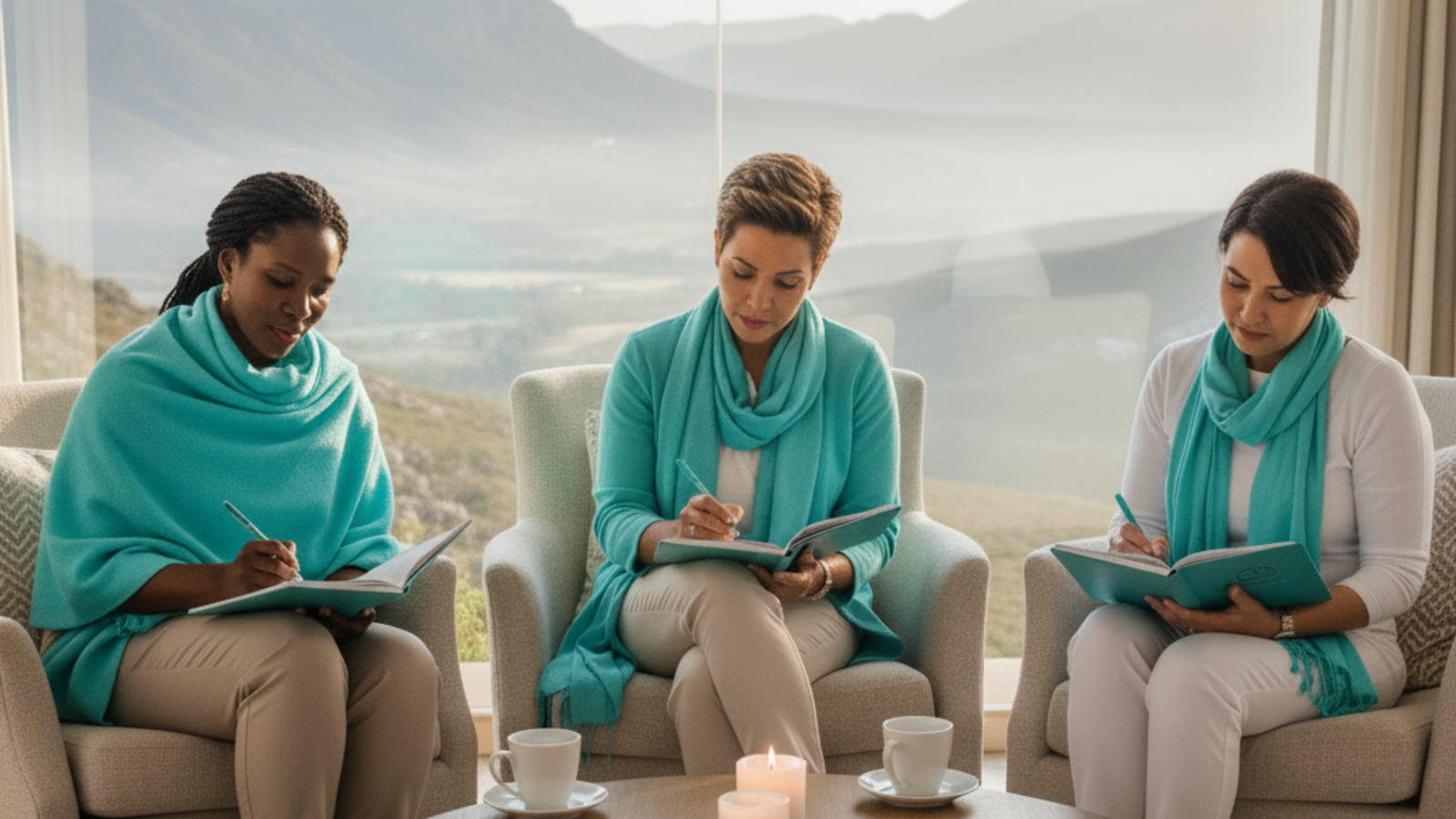 Diverse executive women leaders reflecting outdoors during a Recalibrate wellness retreat in South Africa.